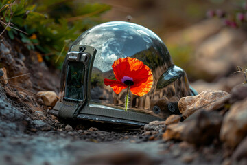Wall Mural - Reflective Memorial Day tribute with a poppy in a soldier's helmet.