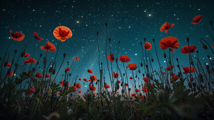 Wall Mural - Glowing poppies under starry sky and moonlight reflect Memorial Day.
