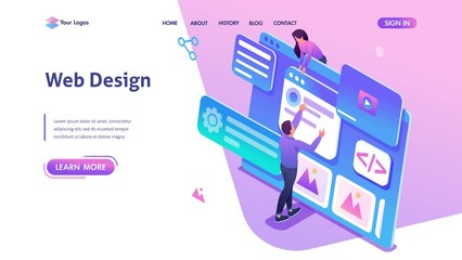 isometric concept young people are engaged in web design, website page development. template landing