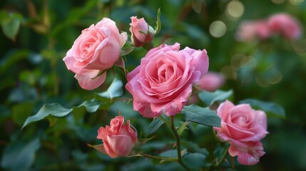 Wall Mural - Pink roses on stem and pink roses in garden with green foliage artificial intelligence