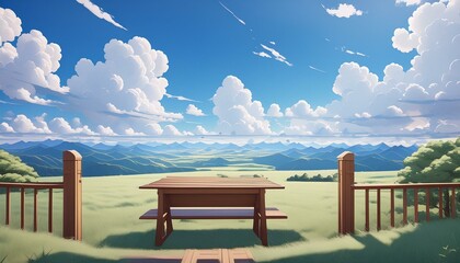 Wall Mural - The view of the vast grassland and clouds is beautiful and there is a seat pointing towards me, the seat is closerAnime Stylebanc, ciel, gazon, parc, chaise, nature, paysage, bleu, été, nuage, bois, s