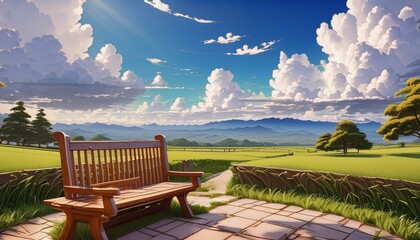 Wall Mural - The view of the vast grassland and clouds is beautiful and there is a seat pointing towards me, the seat is closerAnime Stylebanc, ciel, gazon, parc, chaise, nature, paysage, bleu, été, nuage, bois, s