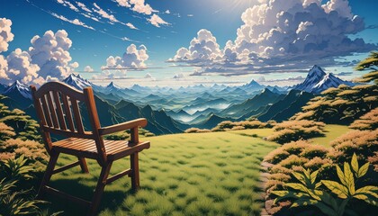 Wall Mural - The view of the vast grassland and clouds is beautiful and there is a seat pointing towards me, the seat is closerAnime Stylebanc, ciel, gazon, parc, chaise, nature, paysage, bleu, été, nuage, bois, s