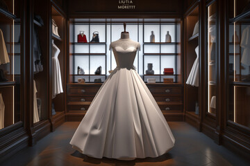 Wall Mural - wedding dress, Step into the world of bespoke fashion with this exquisite image showcasing a full-length white tailored ball gown in a luxurious showroom