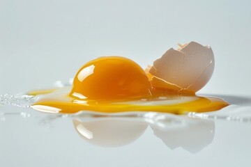 A raw egg cracked open with the yolk and white gently spilling out, against a white background