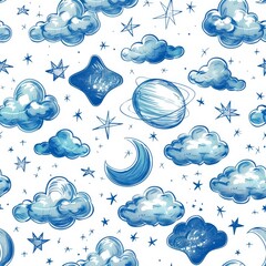Wall Mural - Celestial Dreams: Seamless Pattern with Stars, Clouds, and Planets
