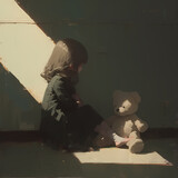 Child's Lonely Reflection in Heartfelt Painting - The Girl and Her Teddy Bear, a Moving Depiction of Youthful Isolation.