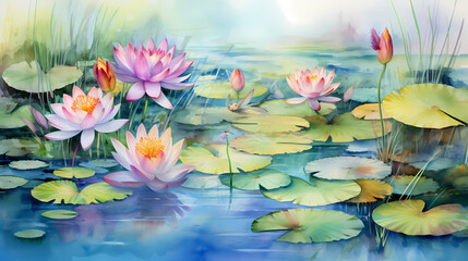 Wall Mural - watercolor lily pad pond landscape oil painting abstract decorative painting