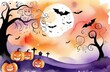 © Natasha  - Watercolor Halloween illustration design with pumpkins and old trees