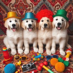 Many puppies wearing hats and a garment image art harmony card design illustrator.