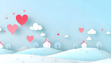 Wall Mural - A blue sky with a lot of hearts and trees. 
Generative AI