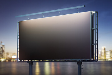 Wall Mural - Blank black horizontal billboard on skyline background at evening, perspective view. Mock up, advertising concept