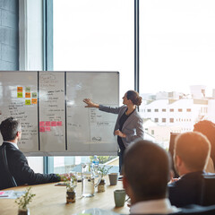 Wall Mural - Business people, whiteboard and woman speaker with presentation in office for planning, schedule or project management. Leadership, coaching and manager hand pointing to objectives, note or priority