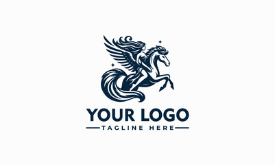 Wall Mural - woman on horse wing vector logo beautiful woman with flowing hair flies sitting on a pegasus, a horse with wings