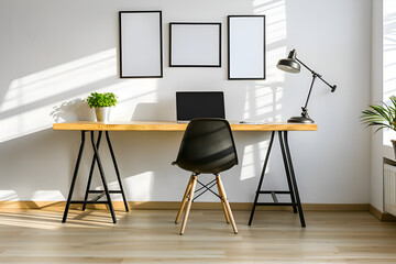 Wall Mural - A clean and organized office space with a desk, chair, and potted plant. The desk has a laptop and a keyboard, and the chair is positioned in front of it. Generative AI