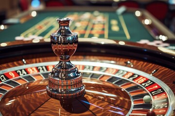 Poster - Sharp image capturing a roulette wheel in a casino, with the ball track crisply in focus