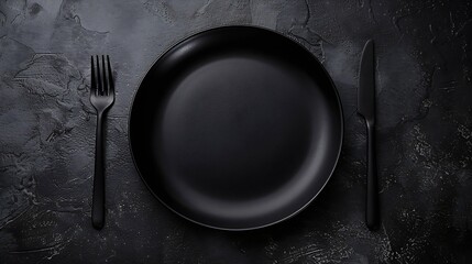 Wall Mural - black empty plate and cutlery fork and knife on a dark textured background Mockup concept for the design of a restaurant menu website or design long panoramic layout central compositio : Generative AI