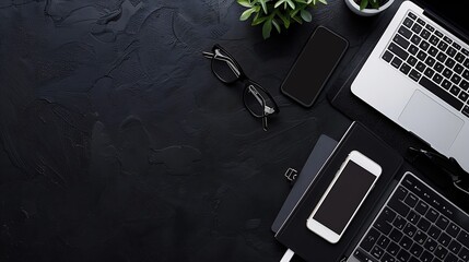 Leinwandbilder - Workplace in office with black desk Top view from above of keyboard with notebook and phone Space for modern creative work of designer Flat lay with blank copy space Business and finan : Generative AI