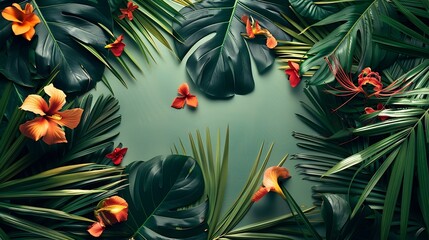 Poster - Creative nature layout made of tropical leaves and flowers Flat lay Summer concept : Generative AI