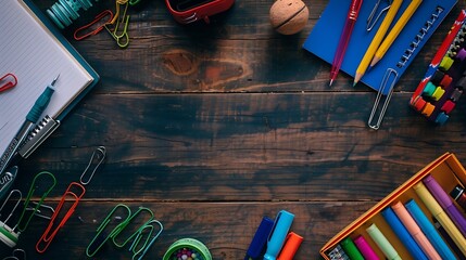 Poster - School stationery on wooden background Back to school creative layout template with copy space Flat lay top view overhead : Generative AI