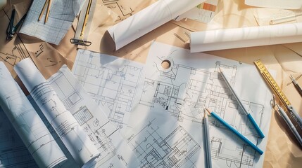 Fototapete - Creative flat lay of architects wooden table with roll blueprints architectural project plan engineering tools office supplies Workspace for designer concept : Generative AI
