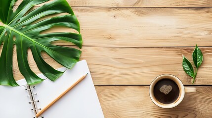 Leinwandbilder - Top view office table desk Workspace with blank office supplies pencil green leaf and coffee cup on wood background : Generative AI