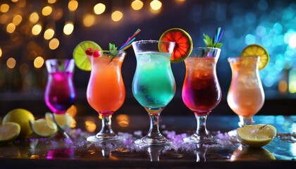 Wall Mural - colorful cocktails in a glass on the bar counter neon lights on dark night background with lights