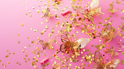 Poster - Festive background made with gold tracery illuminating butterflies and with shiny confetti on pink Holiday concept Top view Template for your design : Generative AI