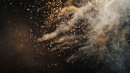 Fototapete - Dust and wood chips on a black background Dirt particles fly in the air Layout for design Some dust particles are blurred to transmit the effect of motion : Generative AI
