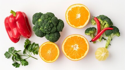 Immunity booster Broccoli red pepper orange citrus fruit parsley isolated on white background Healing food collection Creative layout Flat lay top view Design element Vitamin C : Generative AI