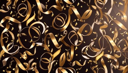 Wall Mural - realistic falling gold confetti and streamers seamless pattern on transparent background