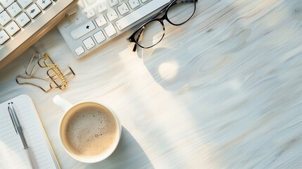 Leinwandbilder - Top view above of Wooden office desk table with keyboard coffee cup and notebook glasses with equipment office supplies Business and finance concept Workplace Flat lay with blank copy  : Generative AI
