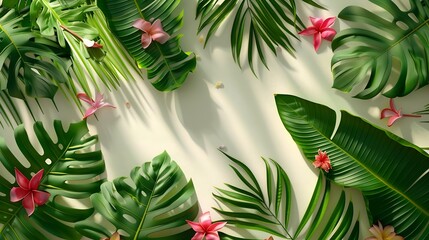 Poster - Creative nature layout made of tropical leaves and flowers Flat lay Summer concept : Generative AI