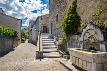 A glimpse of the small village of Castrovalva, in the province of L'Aquila in Abruzzo, part of the municipality of Anversa degli Abruzzi. Immersed in the nature of the green mountains of Abruzzo.