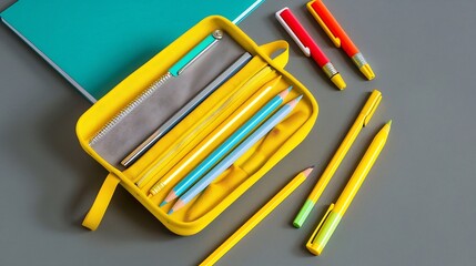 Poster - Back to school concept Yellow school pencil case with filling school stationery notebook pens pencils Yellow school accessories on grey background Flat lay top view copy space : Generative AI