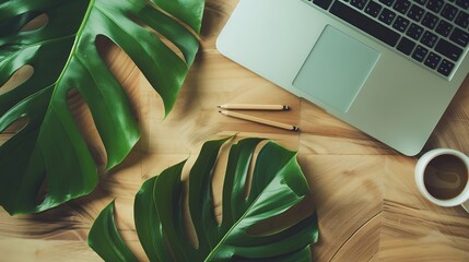Leinwandbilder - Flat lay top view office table desk Workspace with laptopoffice supplies pencil green leaf and coffee cup on wood background : Generative AI