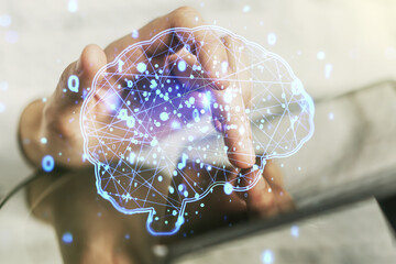 Wall Mural - creative artificial intelligence concept with human brain hologram and finger clicks on a digital ta