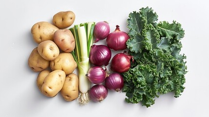Wall Mural - Creative layout made of potatoes onion and kale Flat lay Food concept Vegetables isolated on white background : Generative AI