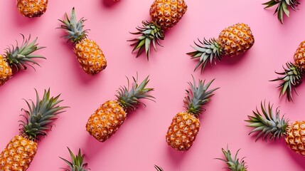 Wall Mural - Creative layout made of pineapple on pink background  Tropical flat lay Food concept : Generative AI