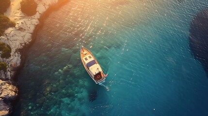 Poster - Aerial view of the speed boat in clear blue water at sunset in summer Top view from drone of fast floating yacht in mediterranean sea Travel in Oludeniz Turkey Tropical landscape with  : Generative AI