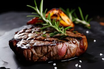 Delicious grilled steak with rosemary on slate board, closeup