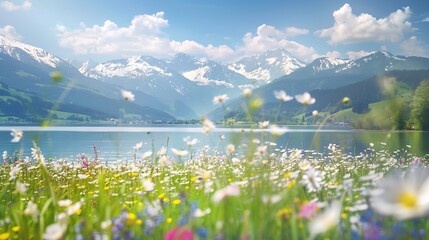 Idyllic summer landscape with a flower meadow snowy mountains and a blue lake Zell am See Pinzgau Salzburger Land Austria Europe : Generative AI