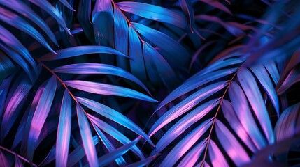 Poster - tropical leaf summer background with blue and purple party glow colors exotic jungle palm tree leaves toned : Generative AI