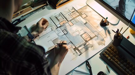Aufkleber - Interior designer working on color hand drawings of interior at work place Photo of young designers work concept : Generative AI