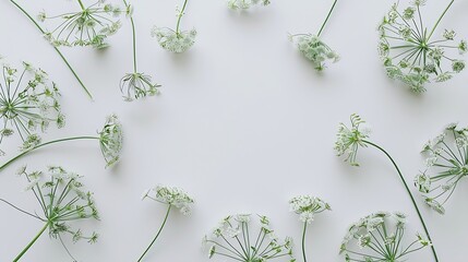 Flowering umbrella flowers of dill on a white background Top view flat lay Creative layout : Generative AI