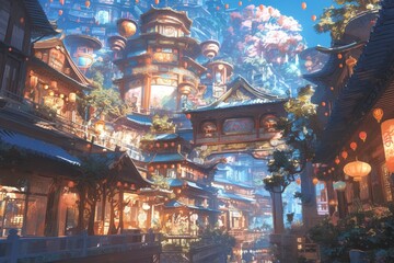 Wall Mural - A Chinese street with lanterns hanging, in the style of anime, with beautiful lighting