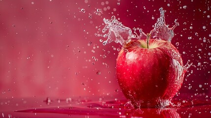Poster - Creative layout made from Fresh Red Apple fruit  and water Splashing on a red background : Generative AI