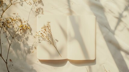 Aufkleber - Open notepad blank sheets and floral sunlight shadows on a neutral beige linen background mock up with copy space aesthetic writer blog design template : Generative AI