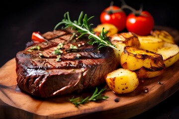 Wall Mural - Grilled beef steak with baked potatoes and tomatoes on a wooden board