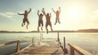 © Generative AI - Portrait of young friends jumping into the water from a jetty Young people having fun at the lake on a summer day : Generative AI